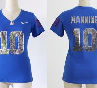 Nike New York Giants #10 Eli Manning Handwork Sequin Lettering Fashion Blue Womens Jersey