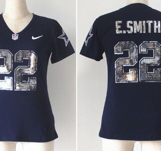 Nike Dallas Cowboys #22 Emmitt Smith Handwork Sequin Lettering Fashion Blue Womens Jersey