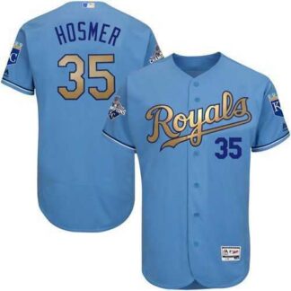 Glued Kansas City Royals #35 Eric Hosmer Light Blue FlexBase 2015 World Series Champions Gold Program Baseball Jersey