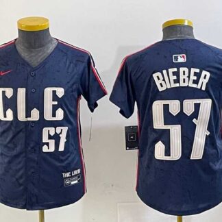 Youth Cleveland Guardians #57 Shane Bieber Number Navy 2024 City Connect Limited Stitched Jersey
